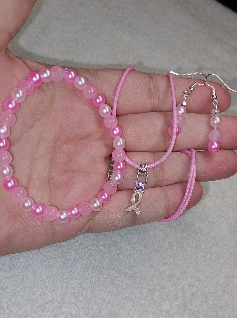 Pink Pearl Bead Bracelet, Necklace & Earring Set - Breast Cancer Ribbon Charm